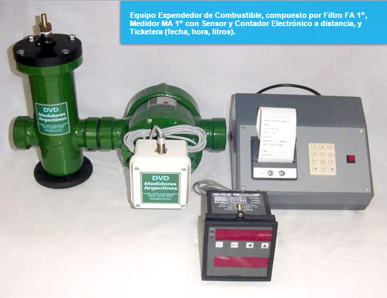 Equipo Expendedor de Combustible, compuesto por Filtro FA 1”, Medidor MA 1” con Sensor y Contador Electrónico a distancia, y Ticketera (fecha, hora, litros).